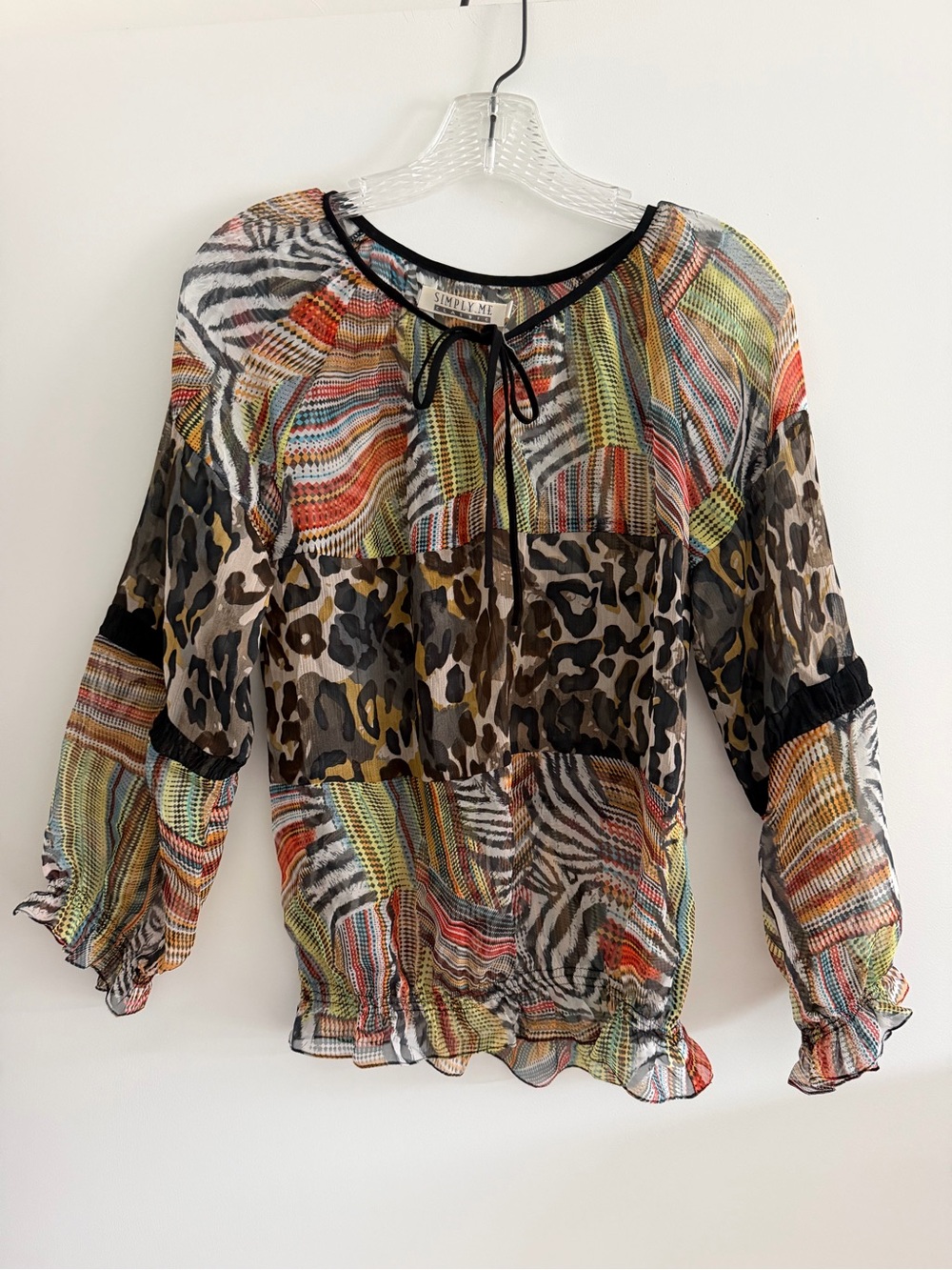 Simply Me Multicolor Animal-Print Sheer Tie-Neck Blouse
